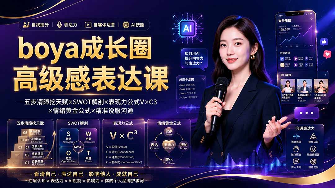 boya成长圈｜内心成长高级表达AI自媒体三合一，消解内耗挖掘天赋，镜头沟通AI指令短视频全流程教学-创业网 - 最新网络创业项目与实战营销教程平台 | cye.cc