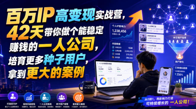 百万IP高变现实战营，42天带你做个能稳定賺钱的一人公司，培育更多种子用户，拿到更大的案例-创业网 - 最新网络创业项目与实战营销教程平台 | cye.cc