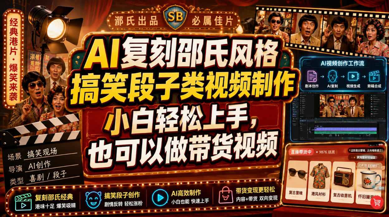 AI复刻邵氏风格搞笑段子类视频制作，小白轻松上手，也可以做带货视频-创业网 - 最新网络创业项目与实战营销教程平台 | cye.cc