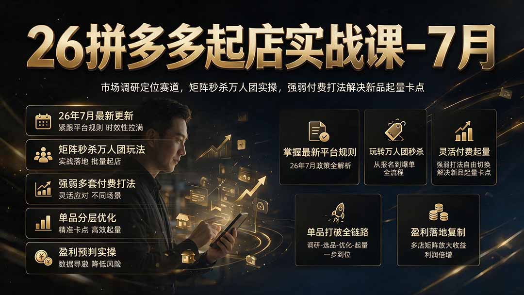 26拼多多起店实战课-7月｜市场调研定位赛道，矩阵秒杀万人团实操，强弱付费打法解决新品起量卡点-创业网 - 最新网络创业项目与实战营销教程平台 | cye.cc