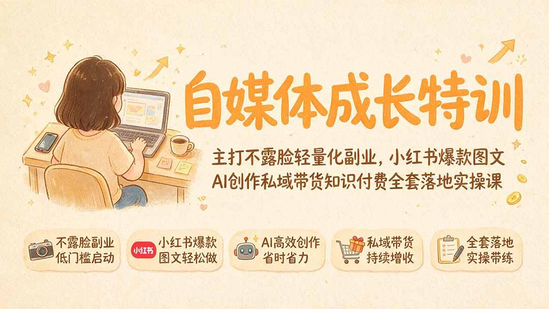 自媒体成长特训｜主打不露脸轻量化副业，小红书爆款图文AI创作私域带货知识付费全套落地实操课-创业网 - 最新网络创业项目与实战营销教程平台 | cye.cc