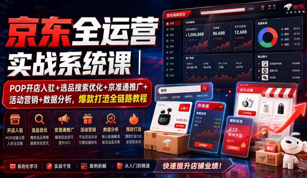 京东全运营实战系统课｜POP开店入驻+选品搜索优化+京准通推广+活动营销+数据分析，爆款打造全链路教程-创业网 - 最新网络创业项目与实战营销教程平台 | cye.cc