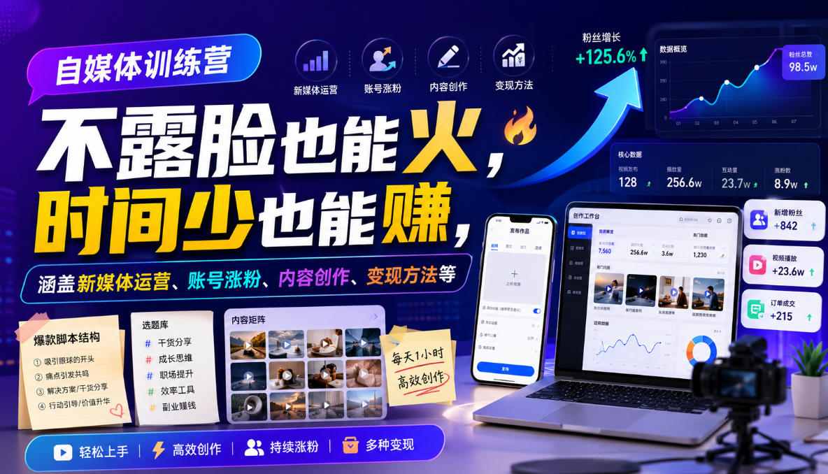 自媒体训练营，不露脸也能火，时间少也能賺，涵盖新媒体运营、账号涨粉、内容创作、变现方法等-创业网 - 最新网络创业项目与实战营销教程平台 | cye.cc
