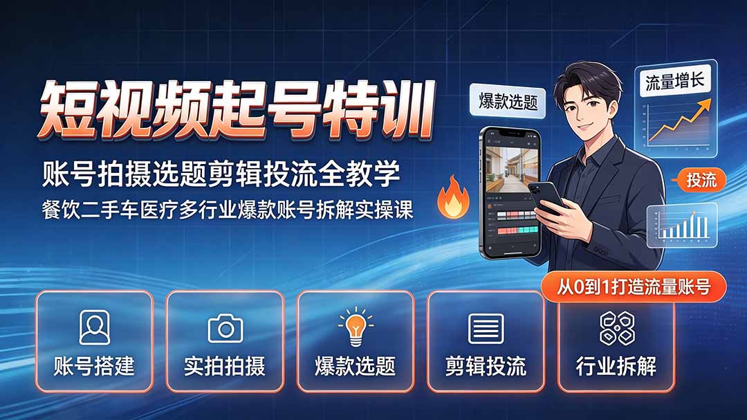 短视频起号特训｜账号拍摄选题剪辑投流全教学，餐饮二手车医疗多行业爆款账号拆解实操课-创业网 - 最新网络创业项目与实战营销教程平台 | cye.cc