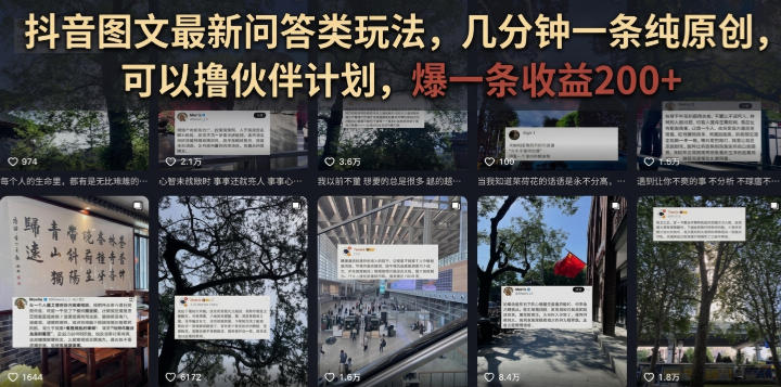 抖音图文最新问答类玩法，几分钟一条纯原创，可以撸伙伴计划，爆一条收益200+-创业网 - 最新网络创业项目与实战营销教程平台 | cye.cc