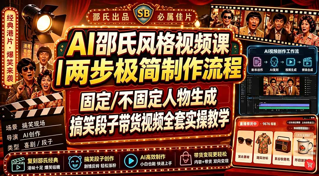 AI邵氏风格视频课｜两步极简制作流程，固定/不固定人物生成，搞笑段子带货视频全套实操教学-创业网 - 最新网络创业项目与实战营销教程平台 | cye.cc