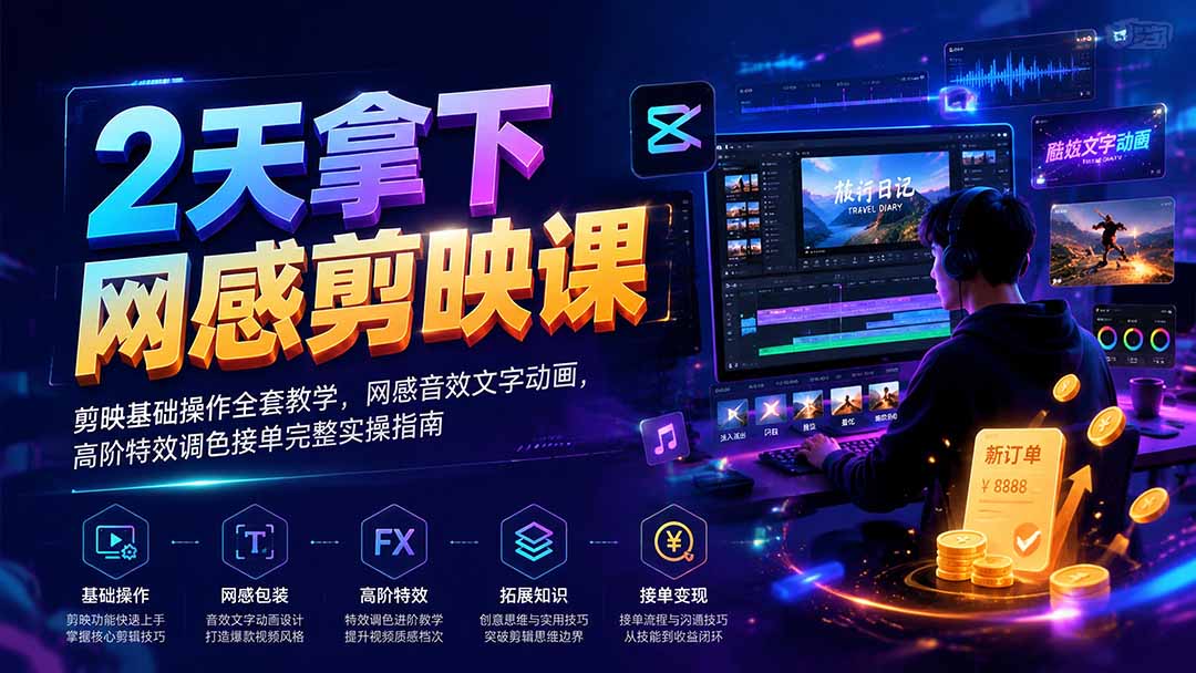 2天拿下网感剪辑课｜剪映基础操作全套教学，网感音效文字动画，高阶特效调色接单完整实操指南-创业网 - 最新网络创业项目与实战营销教程平台 | cye.cc