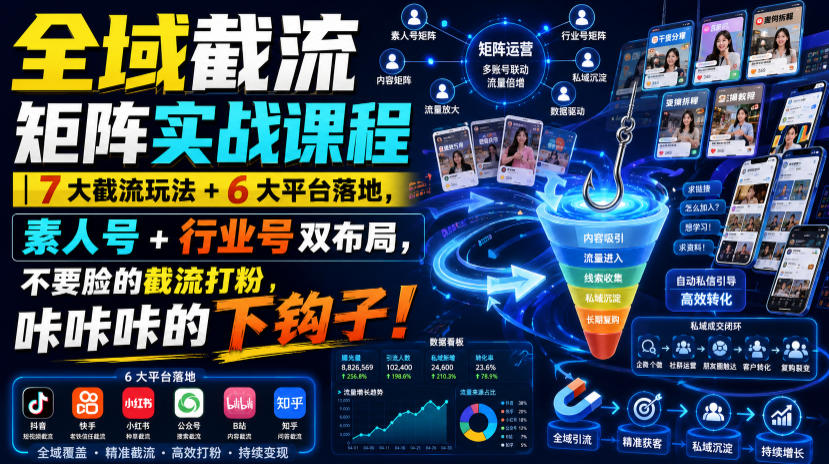 全域截流矩阵实战课程｜7大截流玩法+6大平台落地，素人号+行业号双布局，不要脸的截流打粉，咔咔咔的下钩子！-创业网 - 最新网络创业项目与实战营销教程平台 | cye.cc