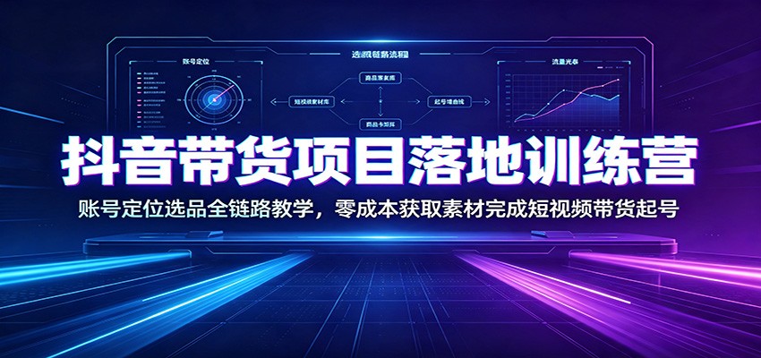 抖音带货项目落地训练营：账号定位选品全链路教学，零成本获取素材完成短视频带货起号-创业网 - 最新网络创业项目与实战营销教程平台 | cye.cc