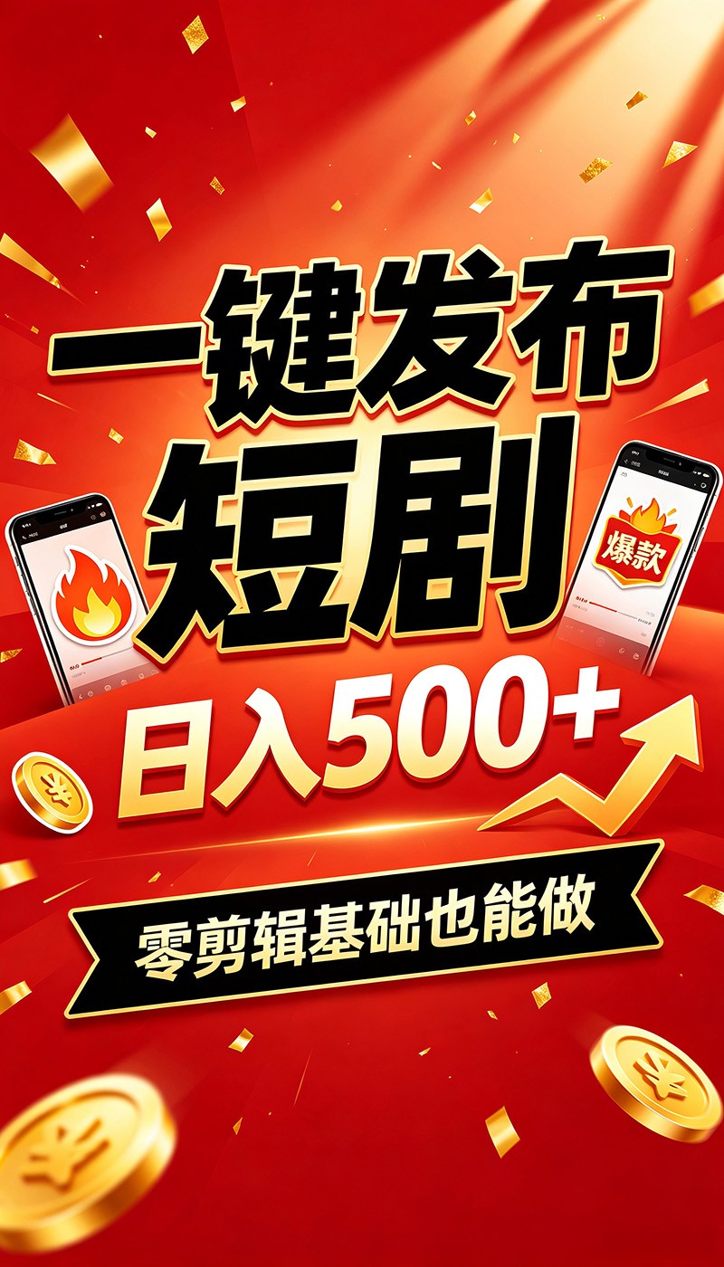 快手短剧一键发布，不用剪辑操作简单，副业日入500+。空闲时间轻松赚收益-创业网 - 最新网络创业项目与实战营销教程平台 | cye.cc