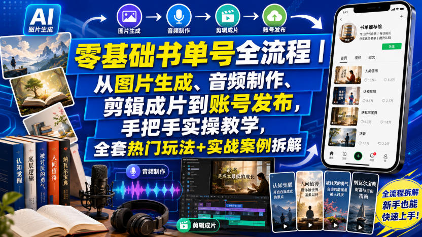 零基础书单号全流程｜从图片生成、音频制作、剪辑成片到账号发布，手把手实操教学，全套热门玩法+实战案例拆解-创业网 - 最新网络创业项目与实战营销教程平台 | cye.cc