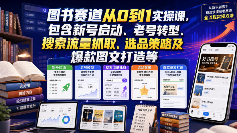 图书赛道从0到1实操课，包含新号启动、老号转型、搜索流量抓取、选品策略及爆款图文打造等-创业网 - 最新网络创业项目与实战营销教程平台 | cye.cc