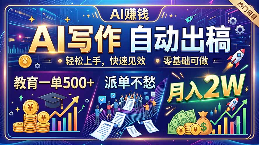 AI写作自动出稿，教育一单500+，派单不愁，月入2W-创业网 - 最新网络创业项目与实战营销教程平台 | cye.cc