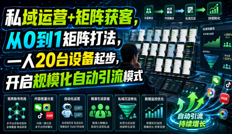私域运营+矩阵获客，从0到1矩阵打法，一人20台设备起步，开启规模化自动引流模式！-创业网 - 最新网络创业项目与实战营销教程平台 | cye.cc