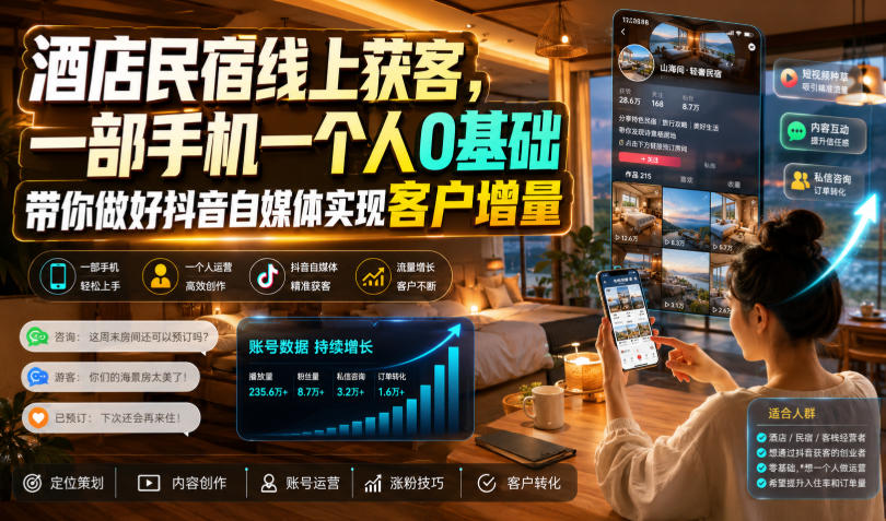 酒店民宿线上获客，一部手机一个人0基础带你做好抖音自媒体实现客户增量-创业网 - 最新网络创业项目与实战营销教程平台 | cye.cc