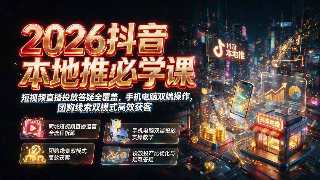 2026抖音本地推必学课｜短视频直播投放答疑全覆盖，手机电脑双端操作，团购线索双模式高效获客-创业网 - 最新网络创业项目与实战营销教程平台 | cye.cc