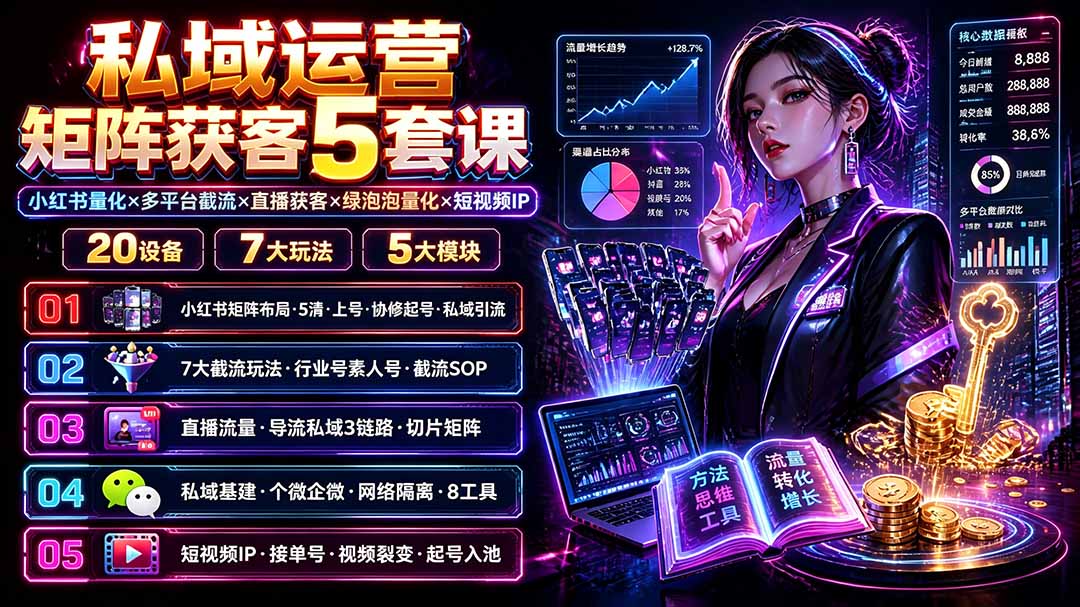 私域运营矩阵获客5套课：小红书量化×多平台截流×直播获客×绿泡泡量化×短视频IP×20设备×7大玩法-创业网 - 最新网络创业项目与实战营销教程平台 | cye.cc