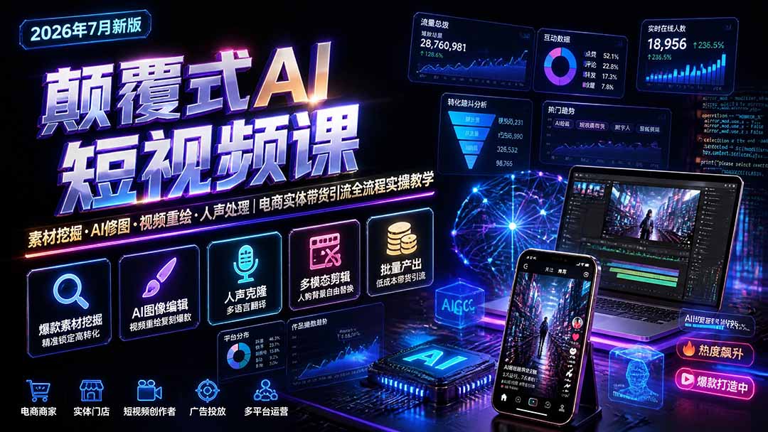 颠覆式AI短视频课｜素材挖掘，AI修图，视频重绘，人声处理｜电商实体带货引流全流程实操教学-创业网 - 最新网络创业项目与实战营销教程平台 | cye.cc