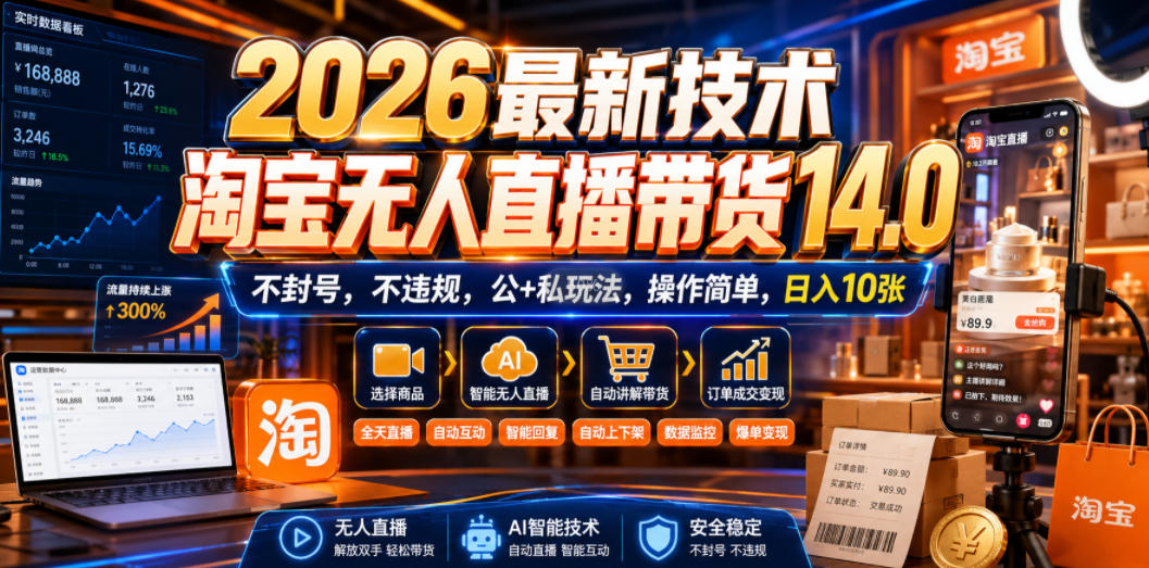 2026最新技术，淘宝无人直播带货14.0，不封号，不违规，公+私玩法，操作简单，日入10张【揭秘】-创业网 - 最新网络创业项目与实战营销教程平台 | cye.cc