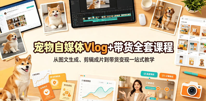 宠物自媒体Vlog+带货全套课程｜从图文生成、剪辑成片到带货变现一站式教学-创业网 - 最新网络创业项目与实战营销教程平台 | cye.cc