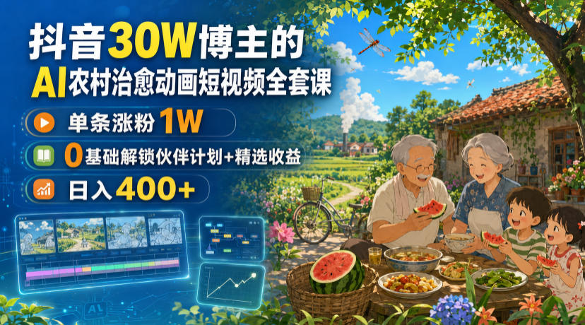 抖音30W博主的AI农村治愈动画短视频全套课｜单条涨粉1W，0基础解锁伙伴计划+精选收益，日入400+-创业网 - 最新网络创业项目与实战营销教程平台 | cye.cc
