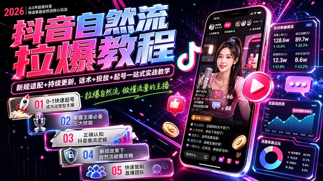 抖音自然流拉爆教程-更新7月：做懂流量的主播，新规适配+持续更新，话术+投放+起号一站式实战教学-创业网 - 最新网络创业项目与实战营销教程平台 | cye.cc