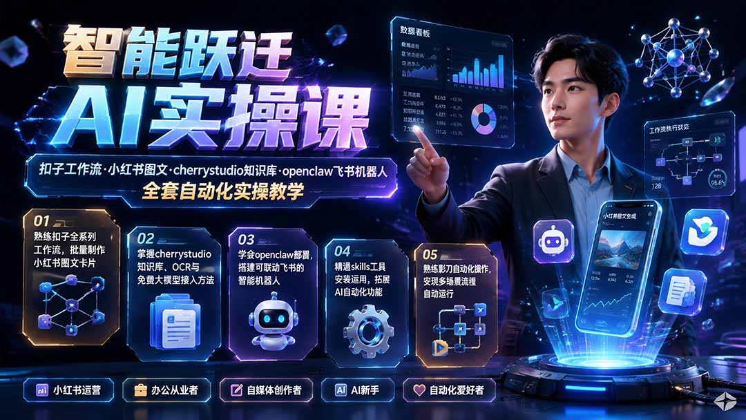 智能跃迁 AI实操课｜扣子工作流小红书图文搭建，cherrystudio知识库openclaw飞书机器人全套自动化实操教学-创业网 - 最新网络创业项目与实战营销教程平台 | cye.cc