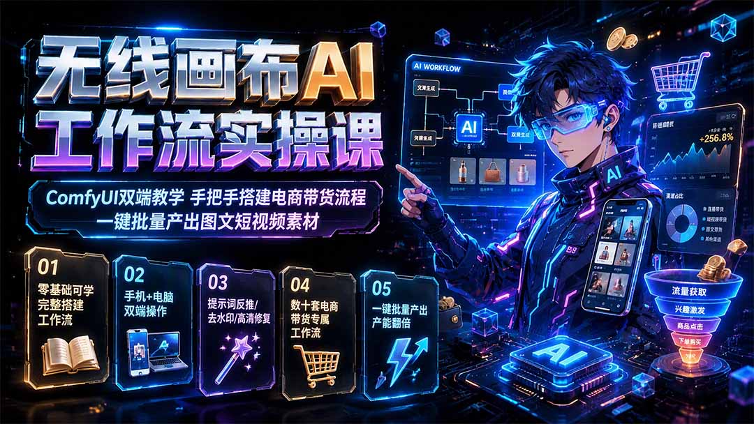 无线画布AI工作流实操课｜ComfyUI双端教学，手把手搭建电商带货流程，一键批量产出图文短视频素材-创业网 - 最新网络创业项目与实战营销教程平台 | cye.cc