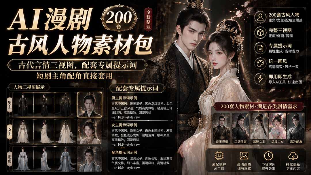 AI漫剧古风人物素材包+提示词｜200 套古代言情三视图，配套专属提示词短剧主角配角直接套用-创业网 - 最新网络创业项目与实战营销教程平台 | cye.cc