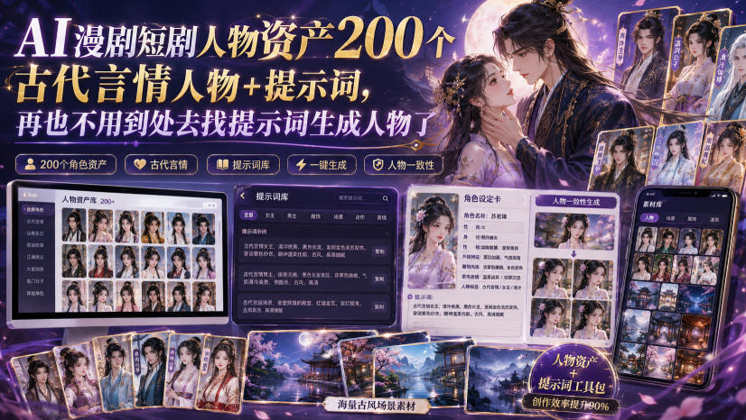 AI漫剧短剧人物资产200个古代言情人物+提示词，再也不用到处去找提示词生成人物了-创业网 - 最新网络创业项目与实战营销教程平台 | cye.cc