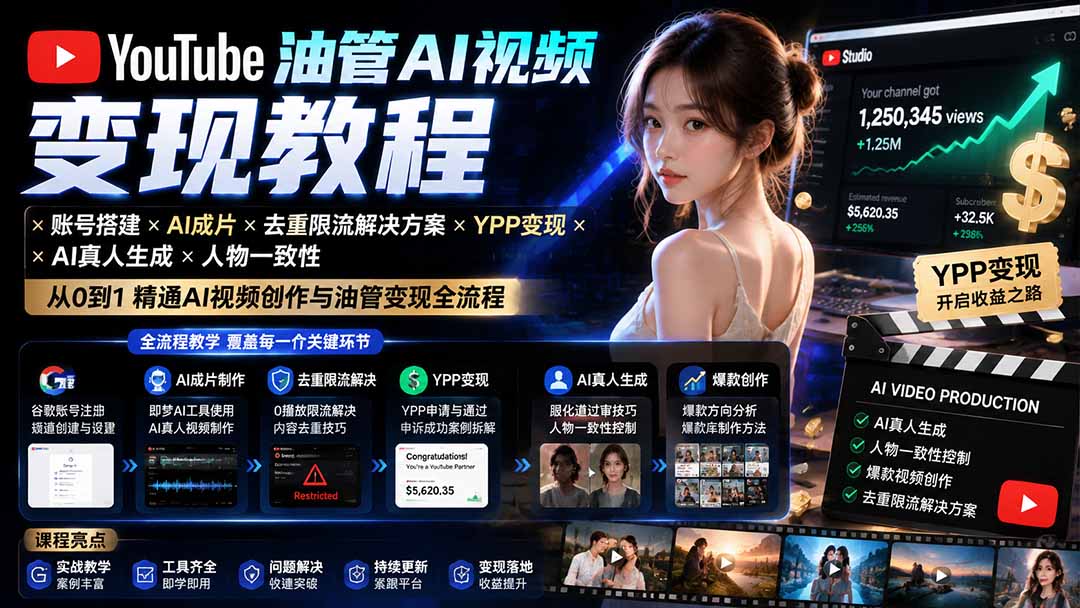 YouTube油管AI视频变现教程：账号搭建×AI成片×去重限流解决方案×YPP变现×AI真人生成×人物一致性-创业网 - 最新网络创业项目与实战营销教程平台 | cye.cc