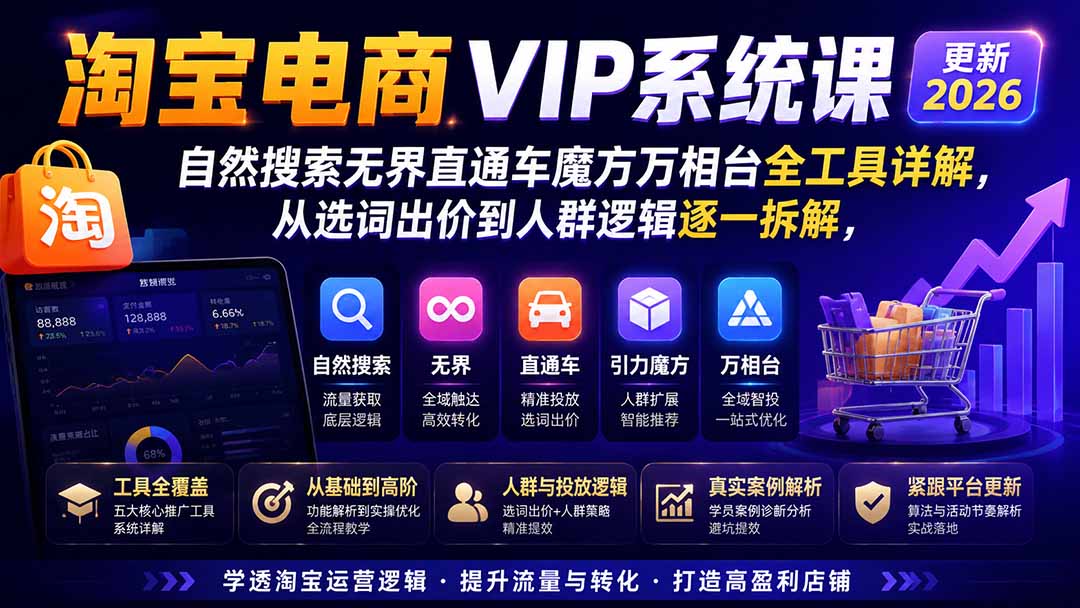 淘宝电商VIP系统课-更新8月；自然搜索无界直通车魔方万相台全工具详解，从选词出价到人群逻辑逐一拆解-创业网 - 最新网络创业项目与实战营销教程平台 | cye.cc