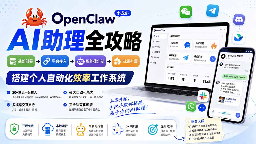 OpenClaw小龙虾 AI助理全攻略：基础部署→平台接入→智能体定制→Skill扩展，搭建个人自动化效率工作系统-创业网 - 最新网络创业项目与实战营销教程平台 | cye.cc
