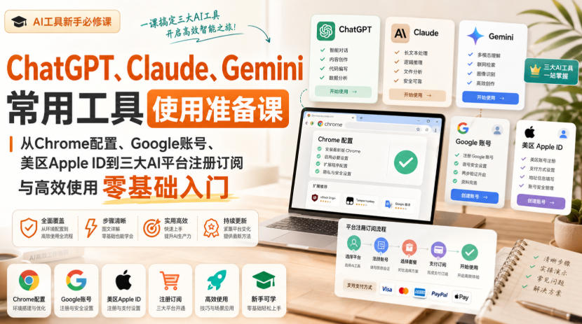 ChatGPT、Claude、Gemini常用工具使用准备课｜从Chrome配置、Google账号、美区Apple ID到三大AI平台注册订阅与高效使用零基础入门-创业网 - 最新网络创业项目与实战营销教程平台 | cye.cc