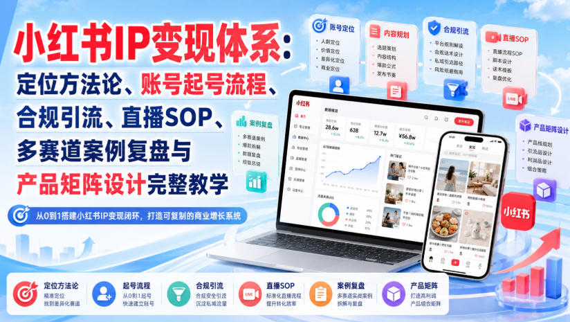 小红书IP变现体系：定位方法论、账号起号流程、合规引流、直播SOP、多赛道案例复盘与产品矩阵设计完整教学-创业网 - 最新网络创业项目与实战营销教程平台 | cye.cc