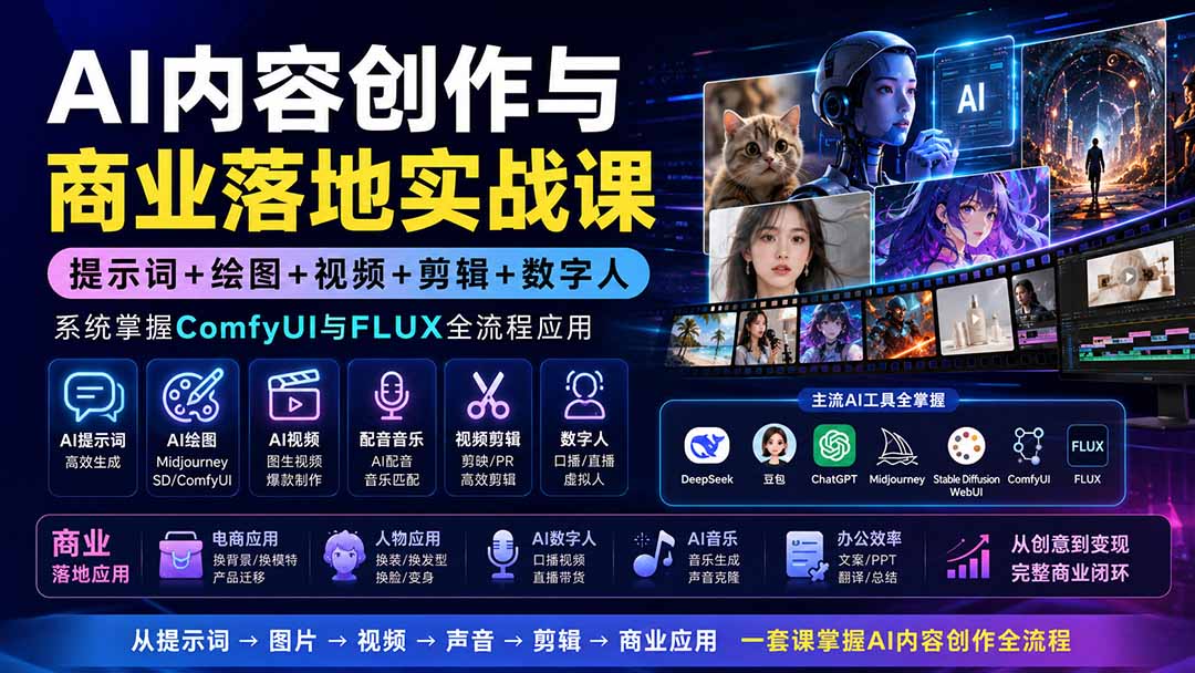 AI内容创作与商业落地实战课：提示词+绘图+视频+剪辑+数字人，系统掌握ComfyUI与FLUX全流程应用-创业网 - 最新网络创业项目与实战营销教程平台 | cye.cc