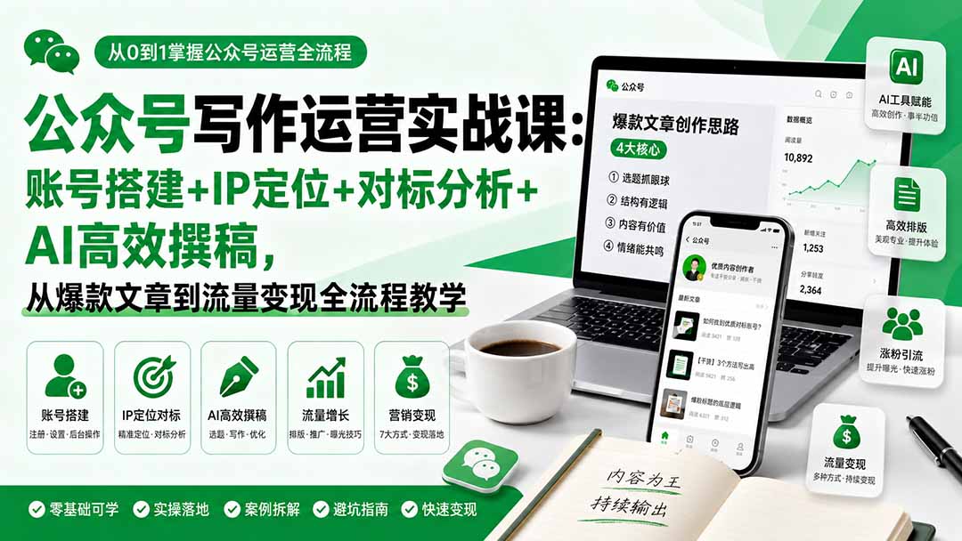 公众号写作运营实战课：账号搭建+IP定位+对标分析+AI高效撰稿，从爆款文章到流量变现全流程教学-创业网 - 最新网络创业项目与实战营销教程平台 | cye.cc