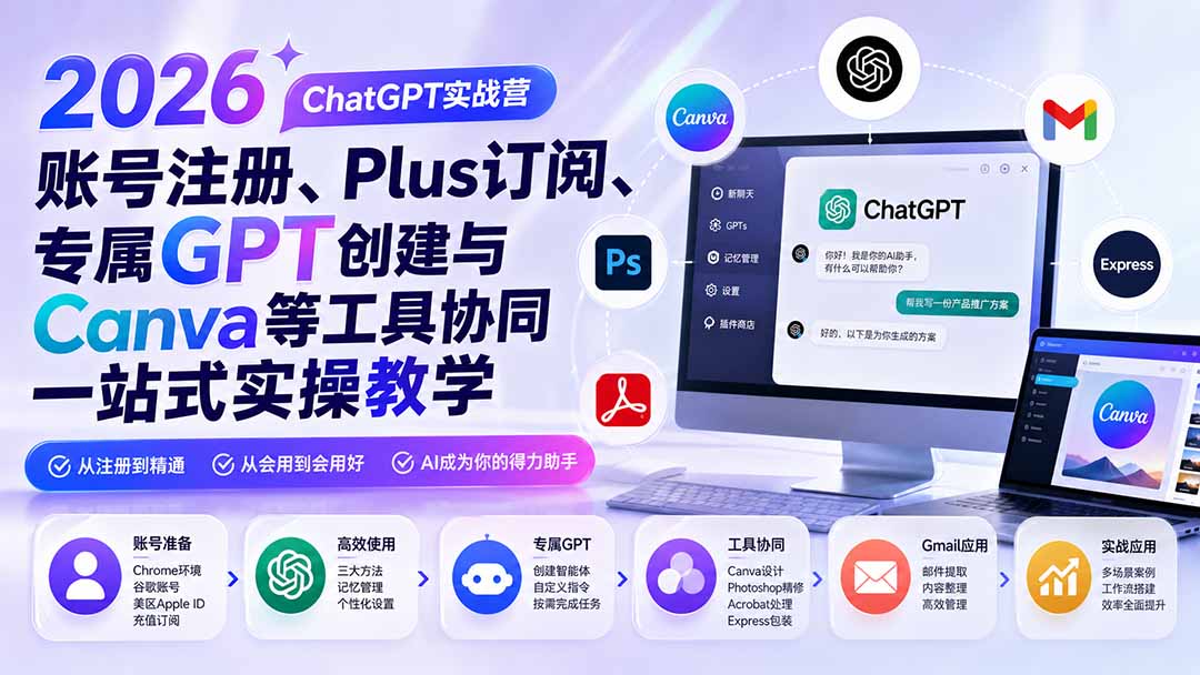 2026 ChatGPT实战营；账号注册、Plus订阅、专属GPT创建与Canva等工具协同一站式实操教学-创业网 - 最新网络创业项目与实战营销教程平台 | cye.cc