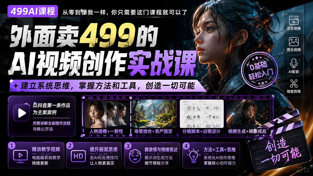 外面卖499的AI视频创作实战课：建立系统思维，掌握方法和工具，创造一切可能。-创业网 - 最新网络创业项目与实战营销教程平台 | cye.cc