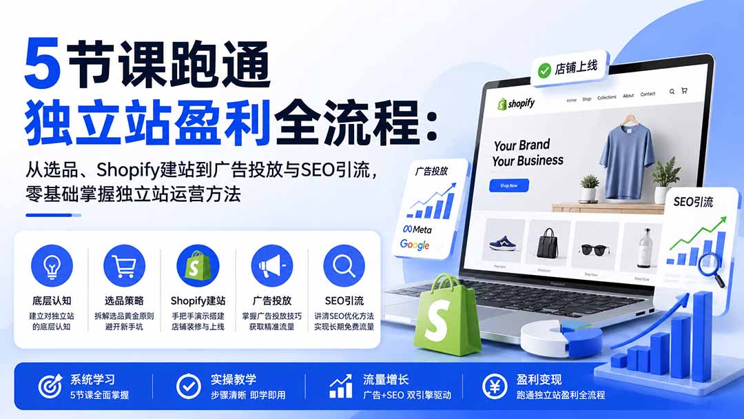 5节课跑通独立站盈利全流程：从选品、Shopify建站到广告投放与SEO引流，零基础掌握独立站运营方法-创业网 - 最新网络创业项目与实战营销教程平台 | cye.cc