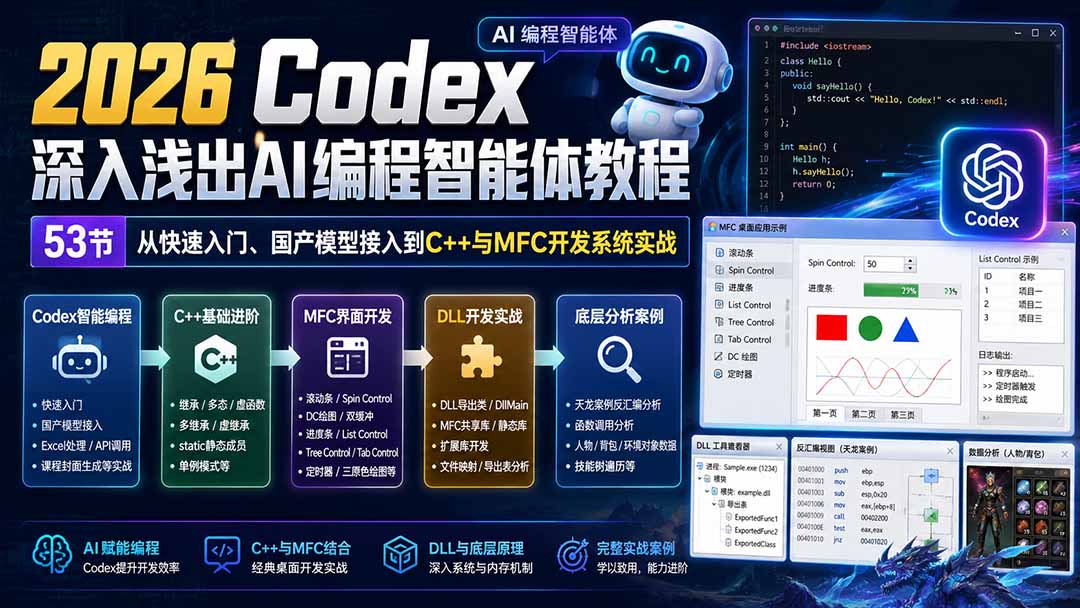2026 Codex深入浅出AI编程智能体教程：53节从快速入门、国产模型接入到C++与MFC开发系统实战-创业网 - 最新网络创业项目与实战营销教程平台 | cye.cc