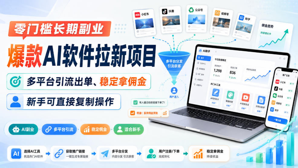 零门槛长期副业，爆款AI软件拉新项目，多平台引流出单、稳定拿佣金，新手可直接复制操作-创业网 - 最新网络创业项目与实战营销教程平台 | cye.cc