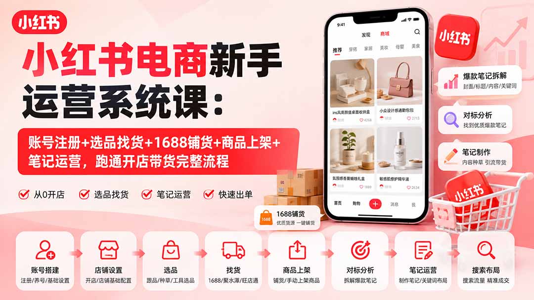 小红书电商新手运营系统课：账号注册+选品找货+1688铺货+商品上架+笔记运营，跑通开店带货完整流程-创业网 - 最新网络创业项目与实战营销教程平台 | cye.cc