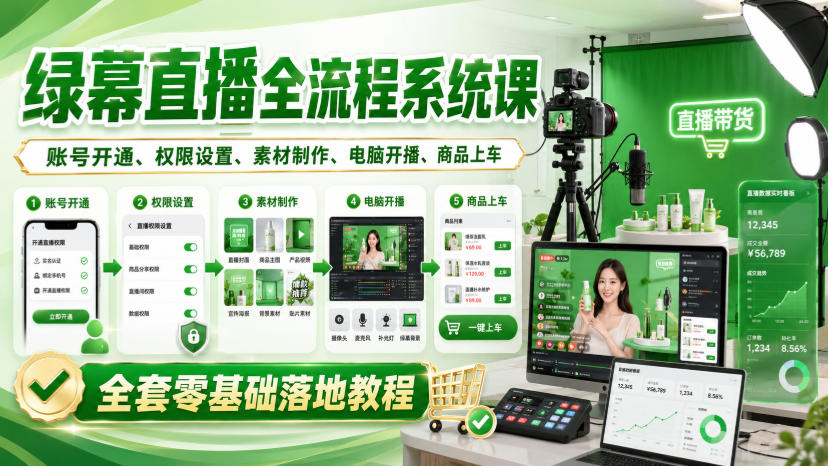 绿幕直播全流程系统课，账号开通、权限设置、素材制作、电脑开播、商品上车全套零基础落地教程-创业网 - 最新网络创业项目与实战营销教程平台 | cye.cc
