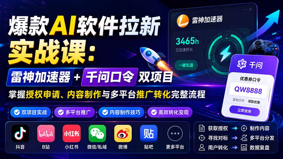 爆款AI软件拉新实战课：雷神加速器+千问口令双项目，掌握授权申请、内容制作与多平台推广转化完整流程-创业网 - 最新网络创业项目与实战营销教程平台 | cye.cc