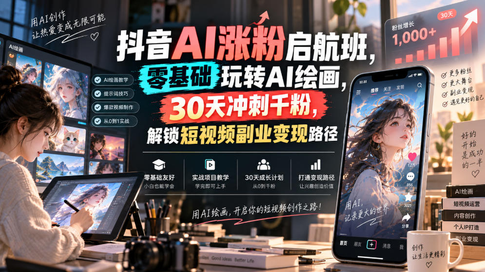 抖音AI涨粉启航班，零基础玩转AI绘画，30天冲刺千粉，解锁短视频副业变现路径-创业网 - 最新网络创业项目与实战营销教程平台 | cye.cc
