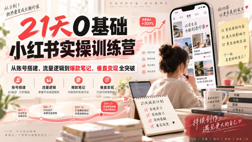 21天0基础小红书实操训练营｜从账号搭建、流量逻辑到爆款笔记、垂直变现全突破-创业网 - 最新网络创业项目与实战营销教程平台 | cye.cc