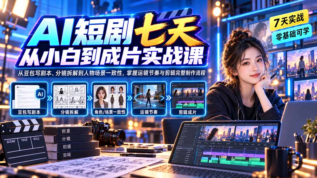 AI短剧七天从小白到成片实战课：从豆包写剧本、分镜拆解到人物场景一致性，掌握运镜节奏与剪辑完整制作流程-创业网 - 最新网络创业项目与实战营销教程平台 | cye.cc