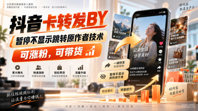 抖音卡转发搬运，暂停不显示跳转原作者技术，可涨粉，可带货-创业网 - 最新网络创业项目与实战营销教程平台 | cye.cc