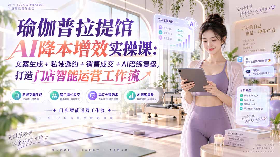 瑜伽普拉提馆AI降本增效实操课：文案生成+私域邀约+销售成交+AI陪练复盘，打造门店智能运营工作流-创业网 - 最新网络创业项目与实战营销教程平台 | cye.cc